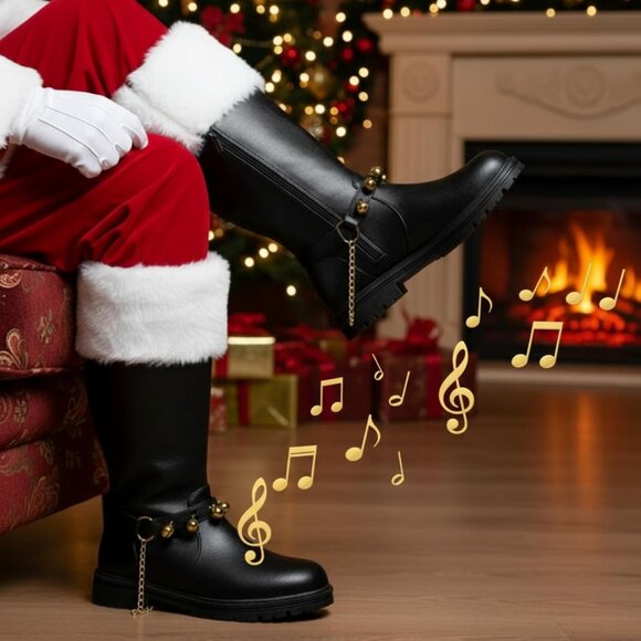 Men's Black Brass Bells Premium Faux Leather Wide Calf Santa Combat Shoes - Picture 2 of 8